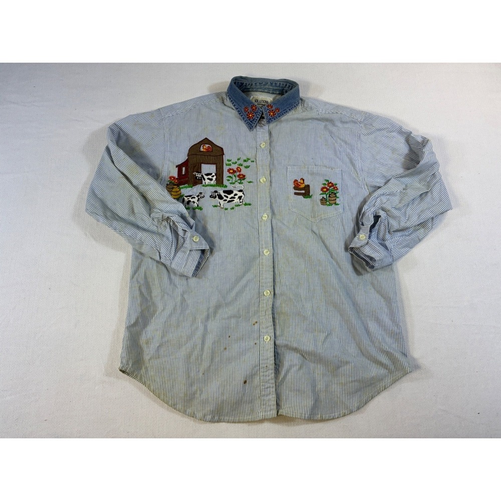 Vintage Solutions Original‎ Barn Cow Embroidered Denim Collar Stripe Shirt M